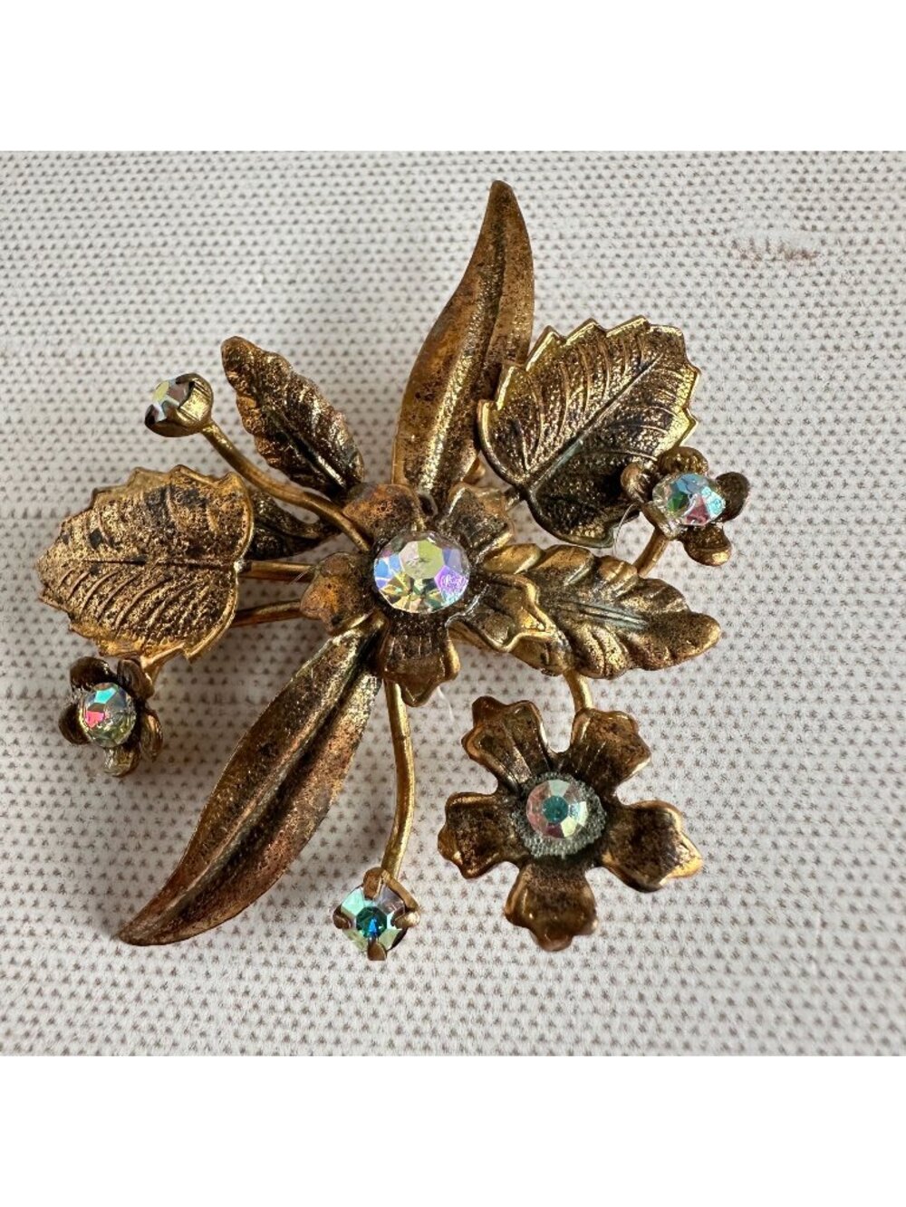 Vintage Austria Gold Tone Floral Spray Brooch with Aurora Borealis Rhinestones